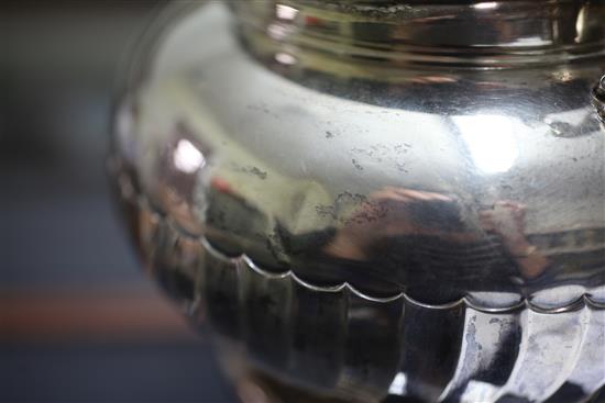 A late Victorian silver tea kettle on stand and later associated plated burner, gross 51 oz.